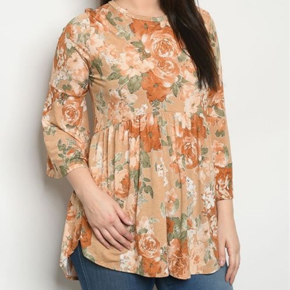 TAN FLORAL PLUS SIZE TOP 1X, 2X, OR 3X
